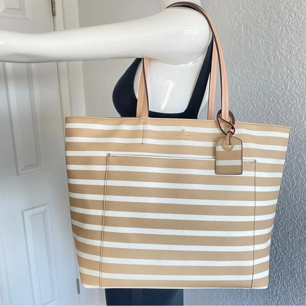 Kate Spade beige White Stripes Front Pocket Tote